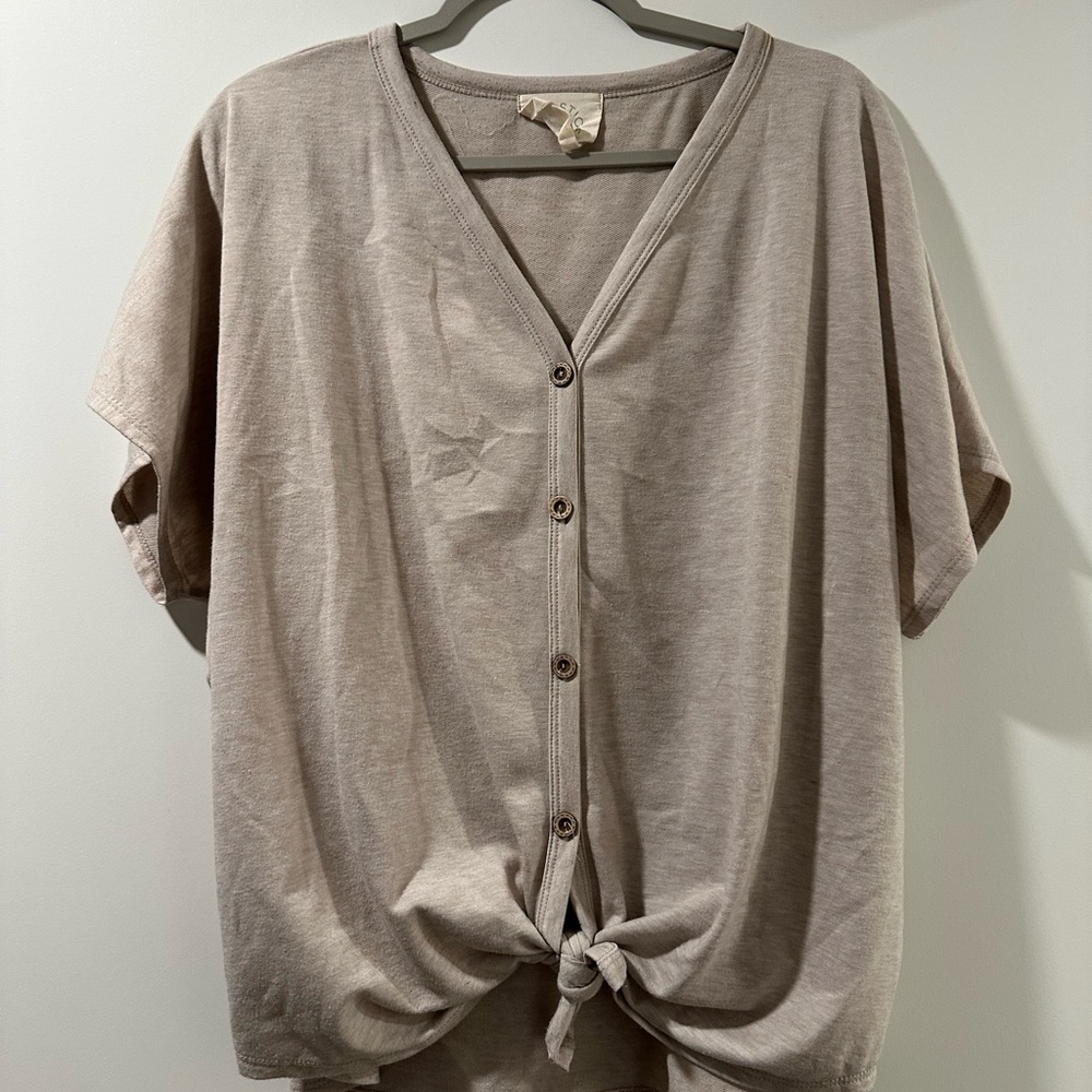 Beige Button-Down V-Neck Top